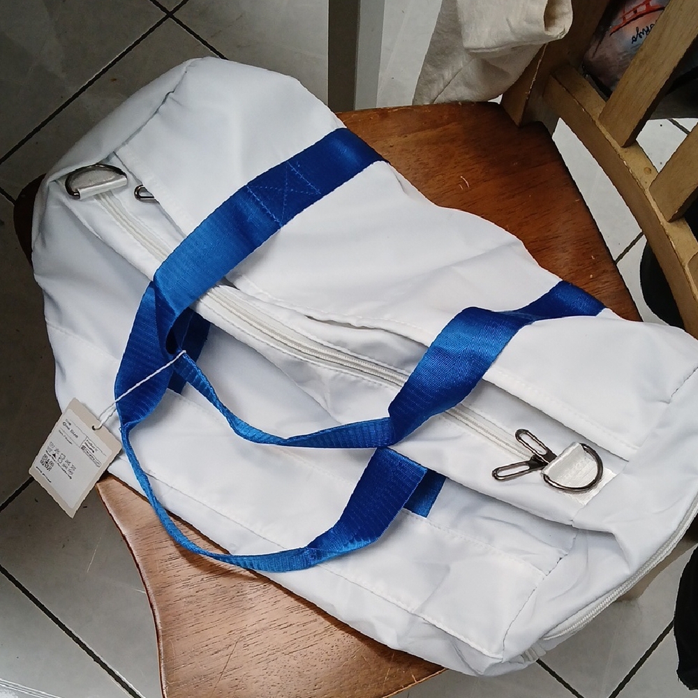 White and Blue Duffel Bag with Sturdy Canvas Design NWT